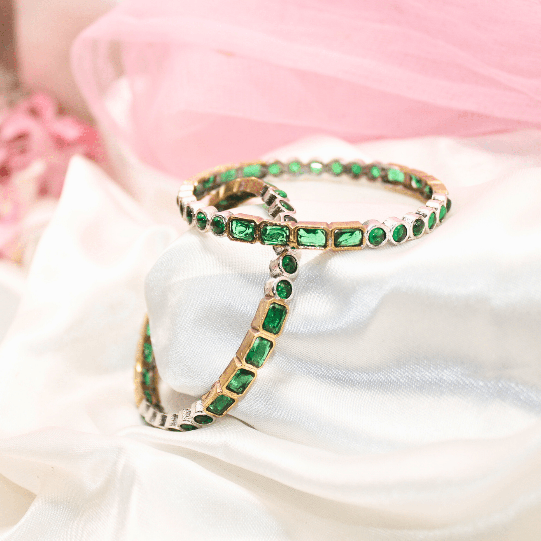 DUAL - TONE ROUND & SQUARE STONE BANGLES - SET OF 2 - green