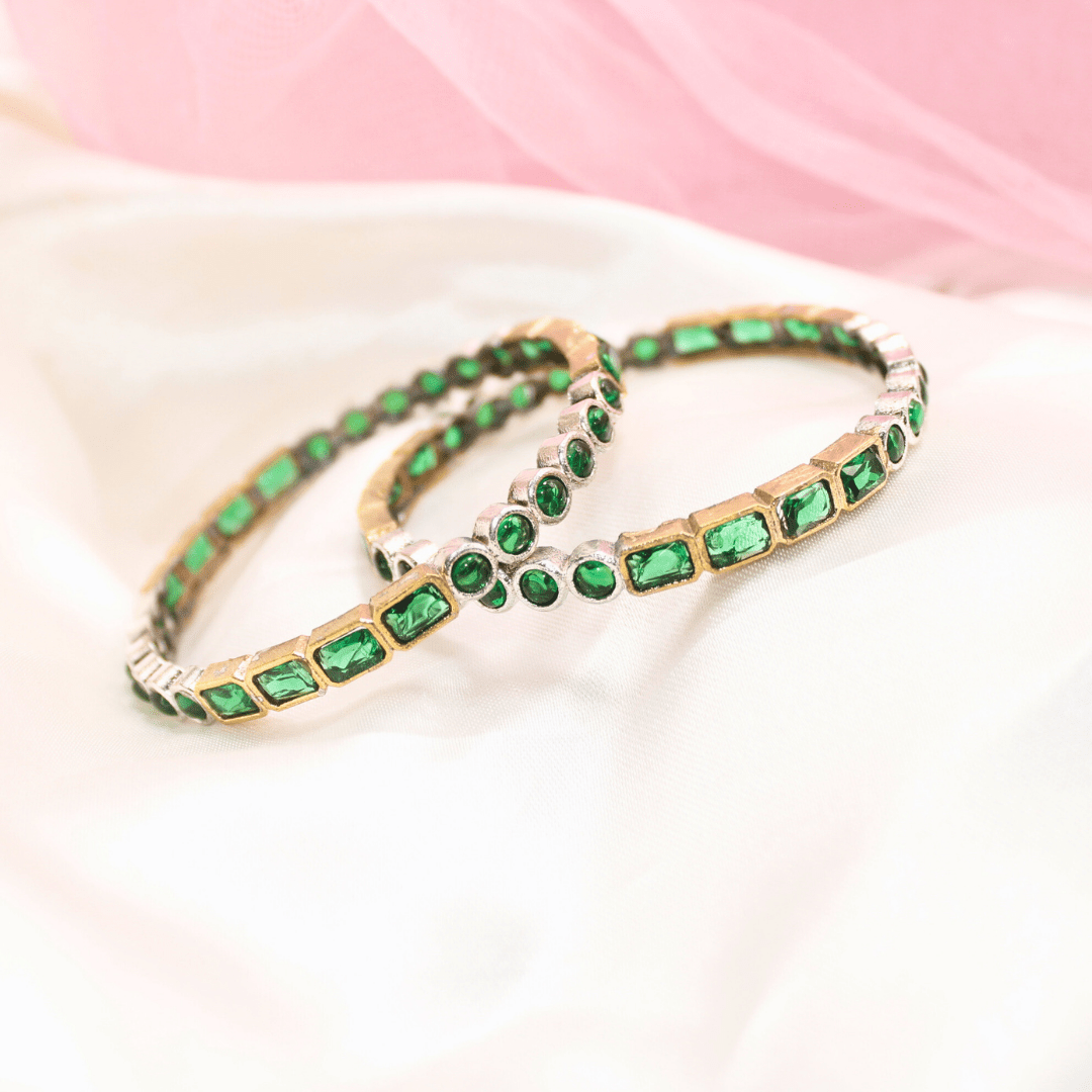 DUAL - TONE ROUND & SQUARE STONE BANGLES - SET OF 2 - green