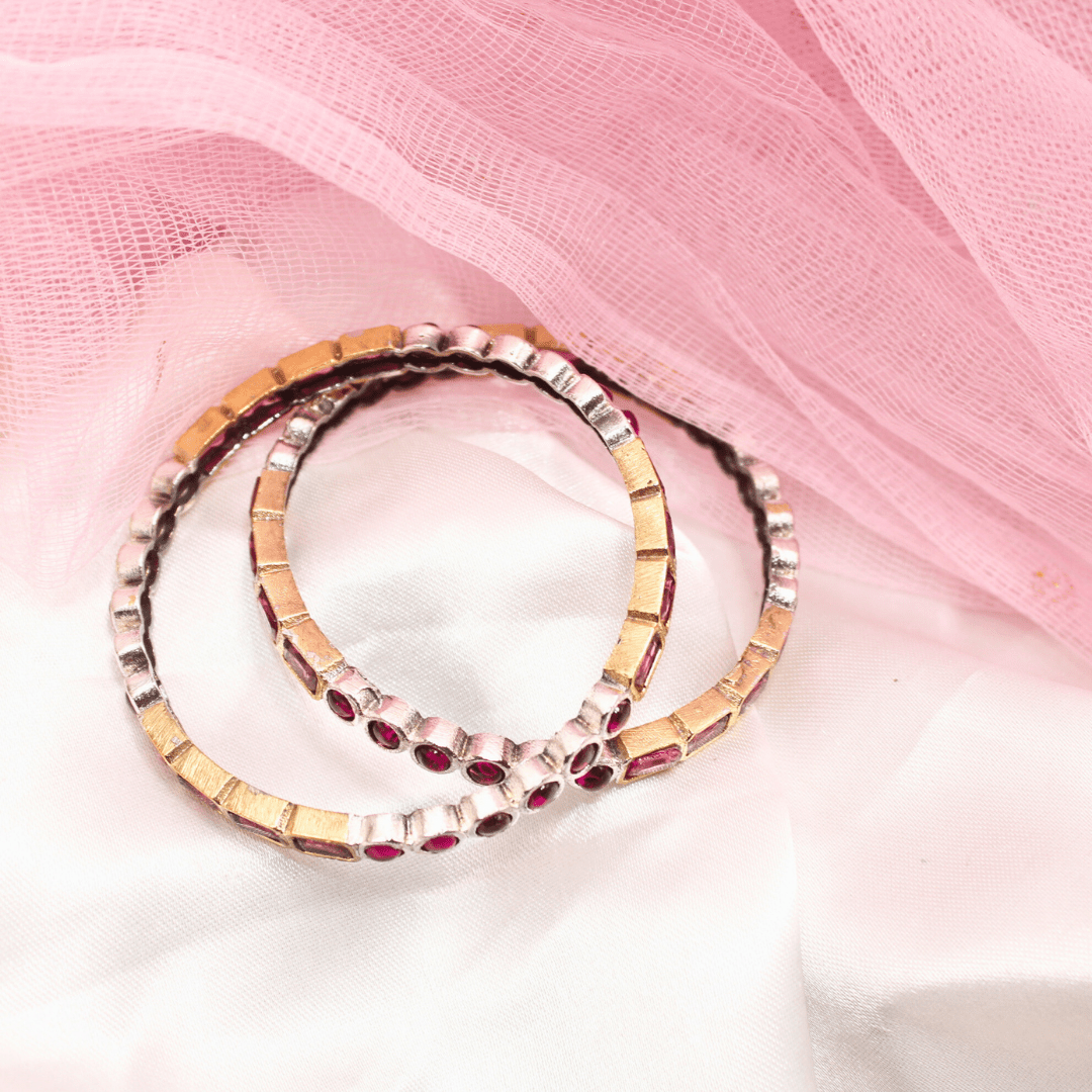 DUAL - TONE ROUND & SQUARE STONE BANGLES - SET OF 2 - ruby