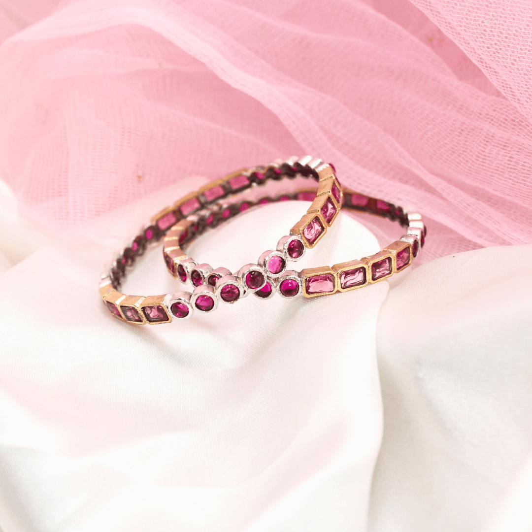 DUAL - TONE ROUND & SQUARE STONE BANGLES - SET OF 2 - ruby