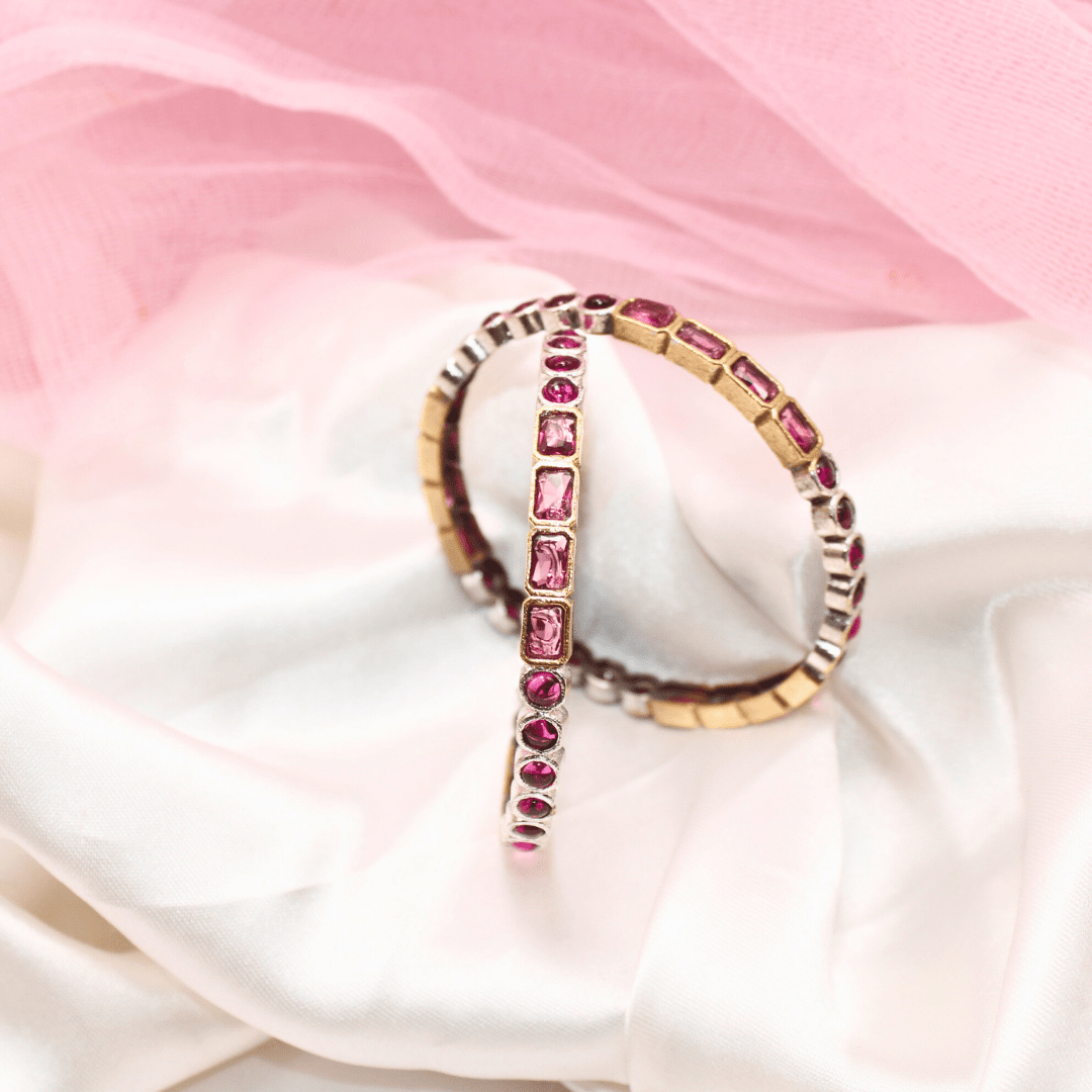 DUAL - TONE ROUND & SQUARE STONE BANGLES - SET OF 2 - ruby