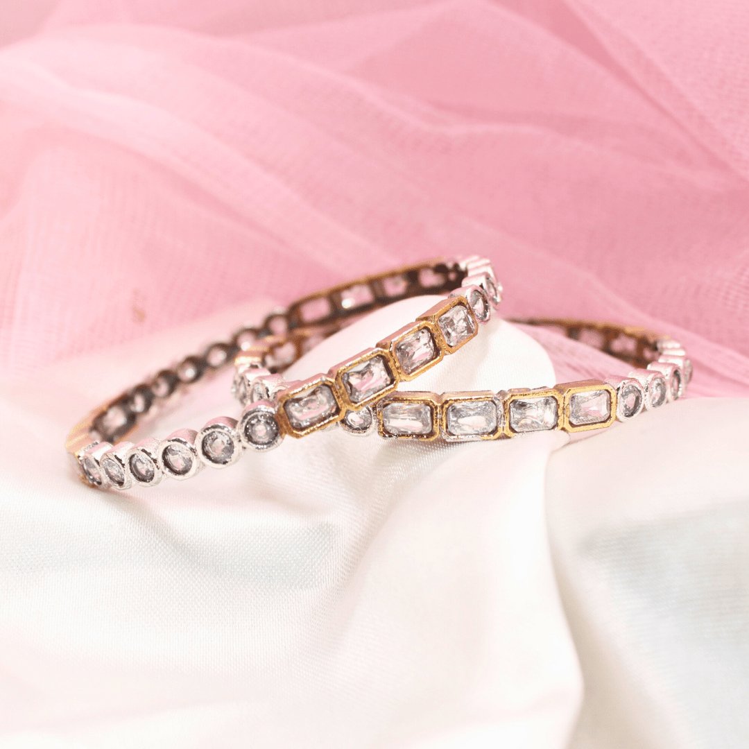 DUAL-TONE ROUND & SQUARE STONE BANGLES-transparent