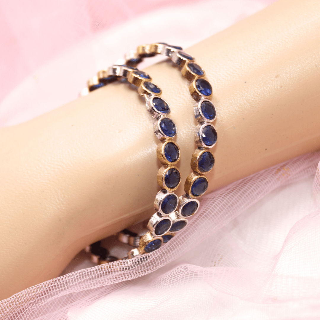 DUAL - TONE ROUND STONE BANGLES - SET OF 2 - blue
