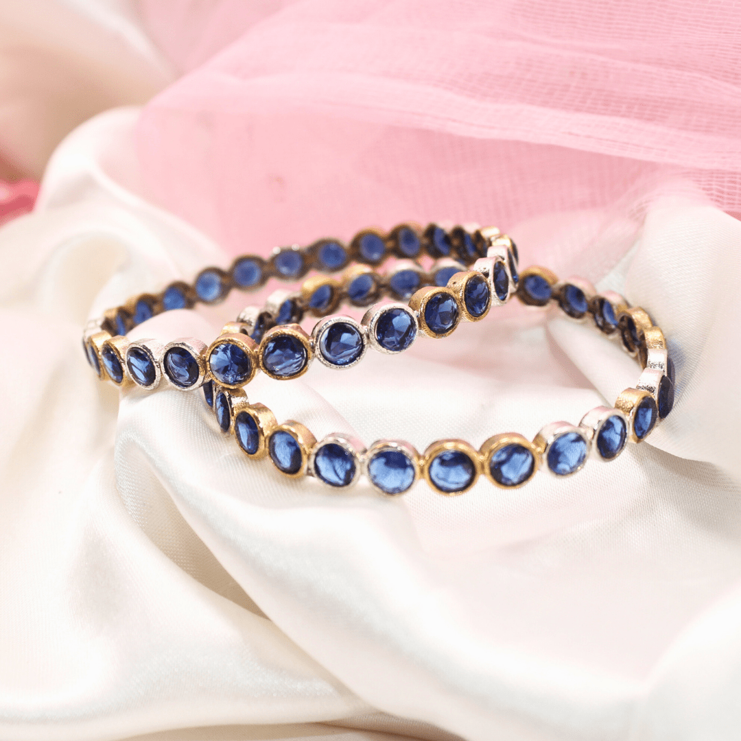 DUAL - TONE ROUND STONE BANGLES - SET OF 2 - blue