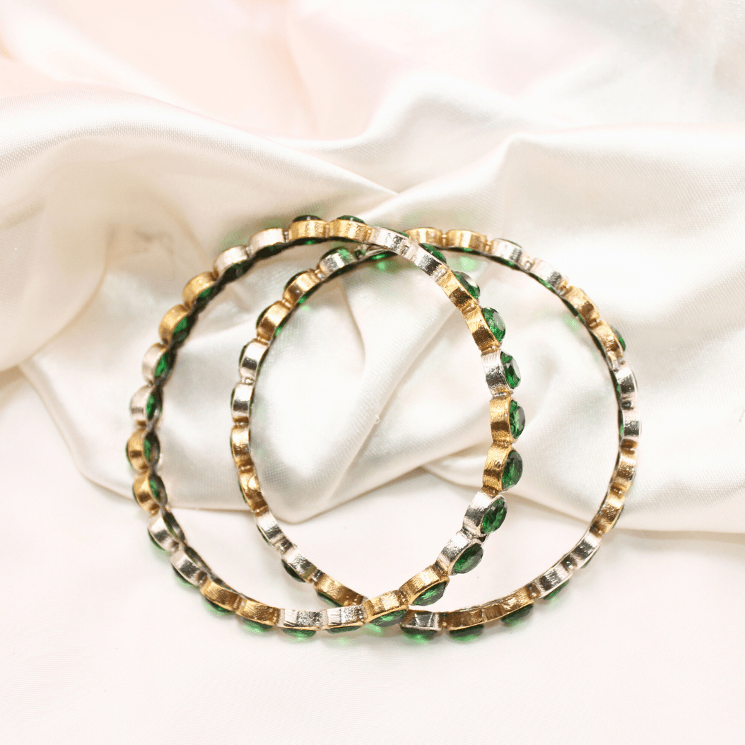 DUAL - TONE ROUND STONE BANGLES - SET OF 2 - green