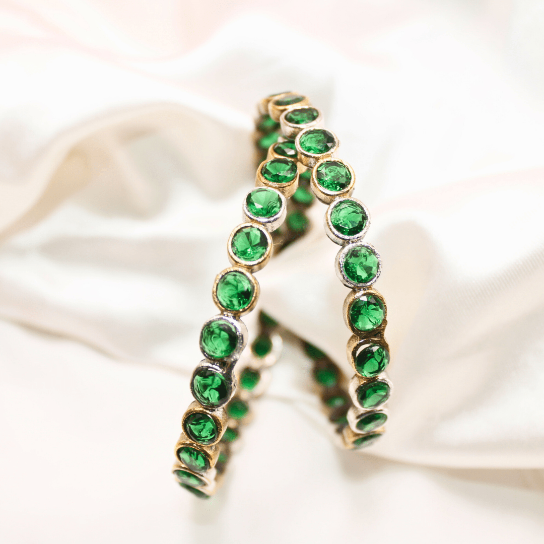 DUAL - TONE ROUND STONE BANGLES - SET OF 2 - green