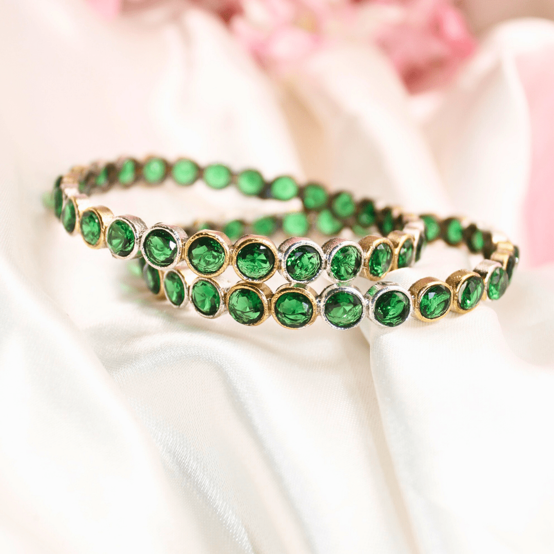 DUAL - TONE ROUND STONE BANGLES - SET OF 2 - green