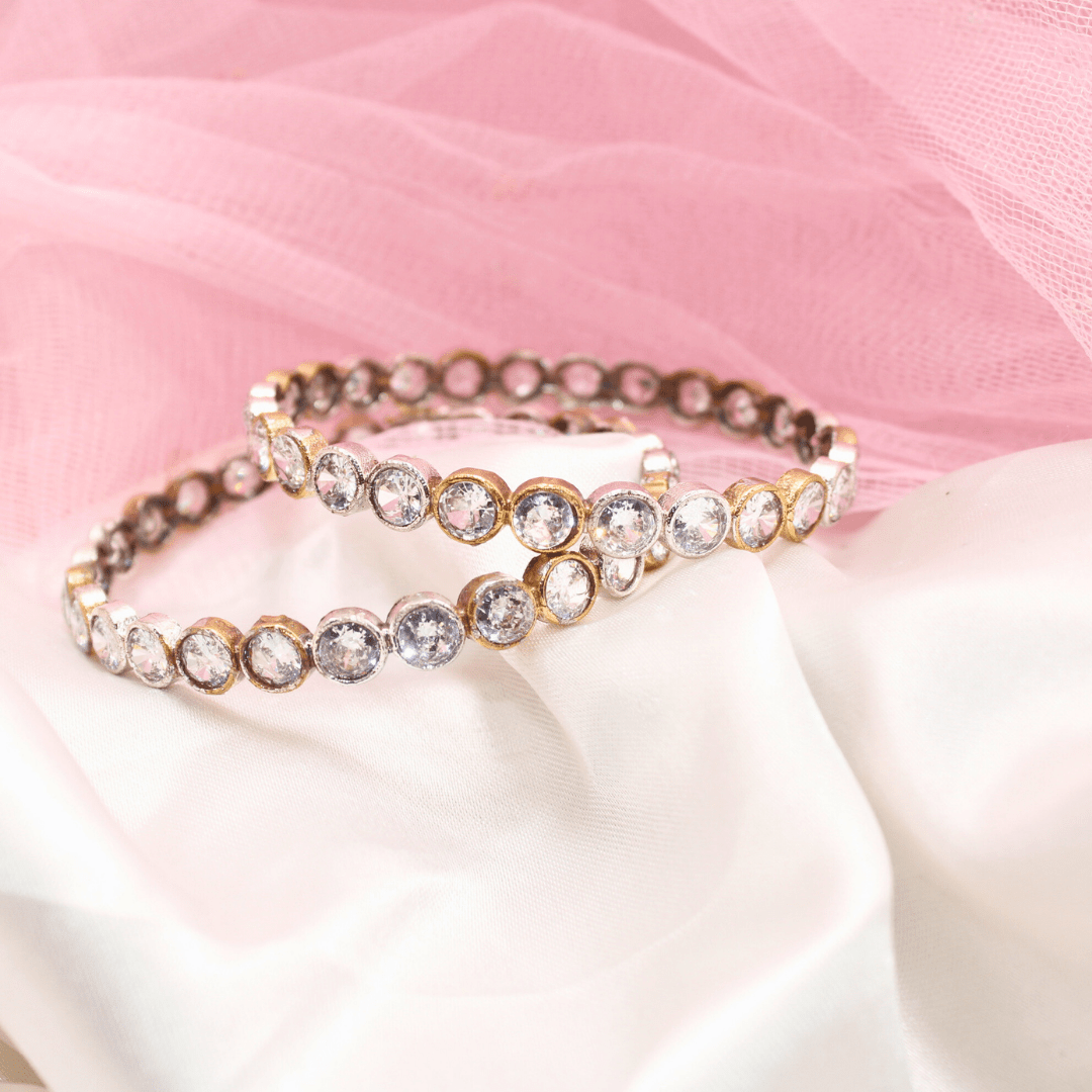 DUAL - TONE ROUND STONE BANGLES - SET OF 2 - transparent