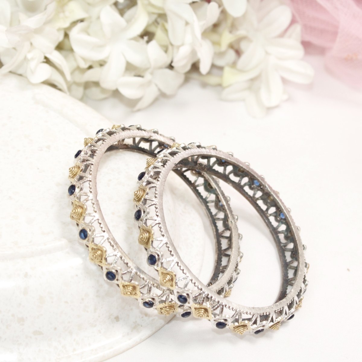 DUAL - TONE TRIKON JAALI RAJPUTANA BANGLE PAIR - SET OF 2 BANGLES - BLUE