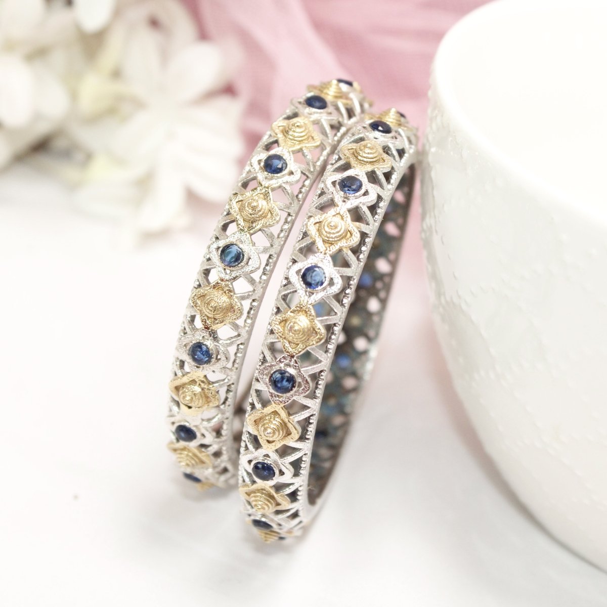 DUAL - TONE TRIKON JAALI RAJPUTANA BANGLE PAIR - SET OF 2 BANGLES - BLUE