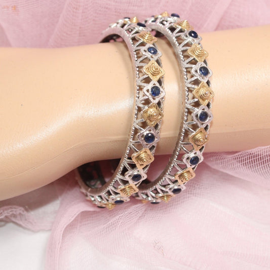 DUAL - TONE TRIKON JAALI RAJPUTANA BANGLE PAIR - SET OF 2 BANGLES - BLUE