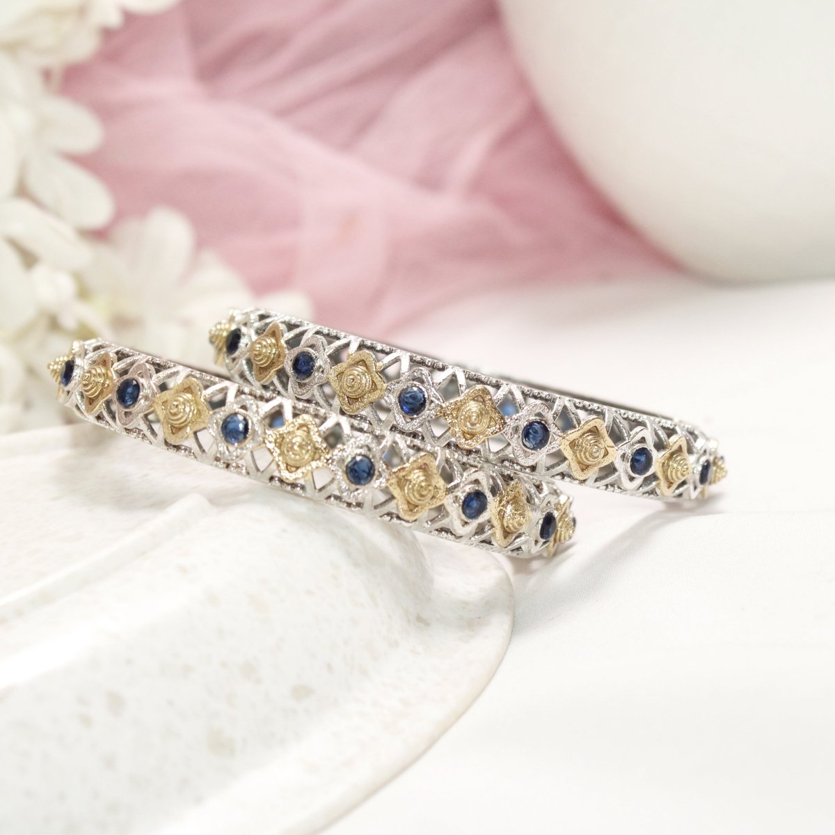DUAL - TONE TRIKON JAALI RAJPUTANA BANGLE PAIR - SET OF 2 BANGLES - BLUE