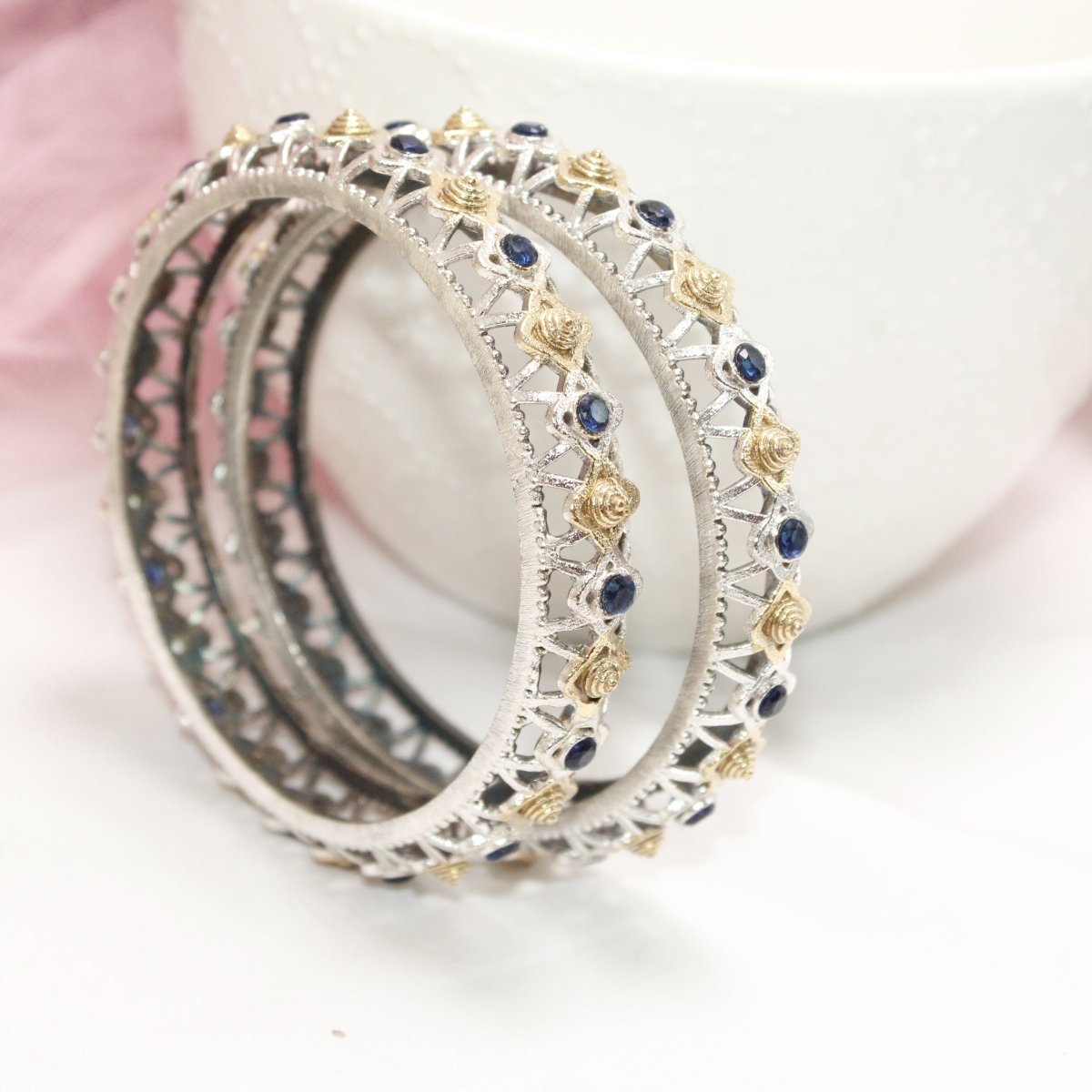 DUAL - TONE TRIKON JAALI RAJPUTANA BANGLE PAIR - SET OF 2 BANGLES - BLUE