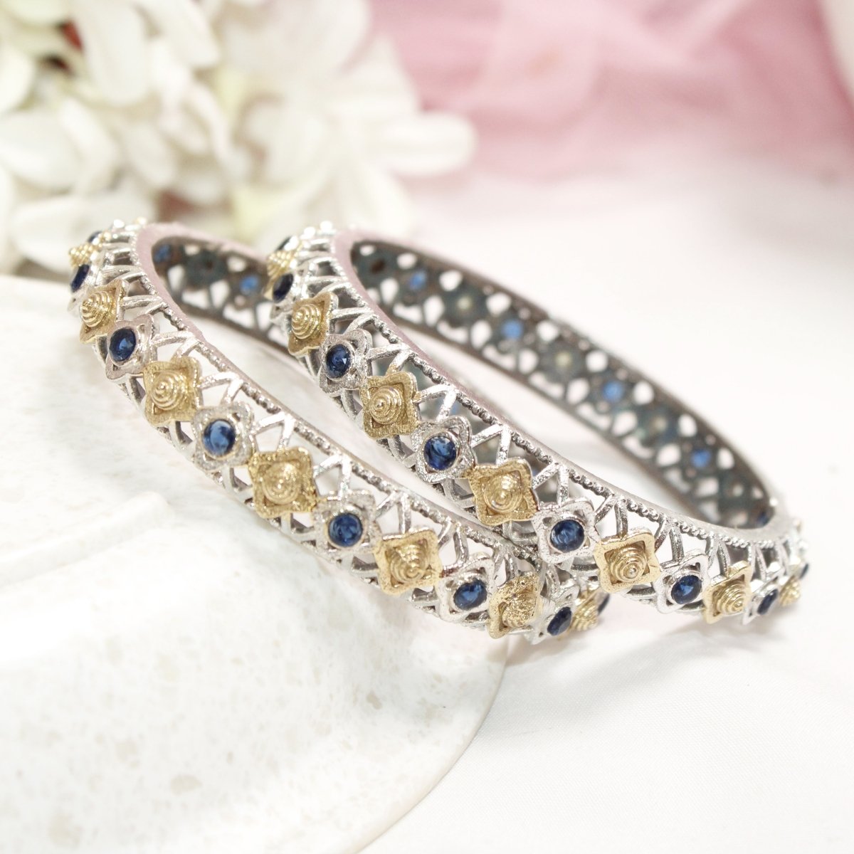 DUAL - TONE TRIKON JAALI RAJPUTANA BANGLE PAIR - SET OF 2 BANGLES - BLUE