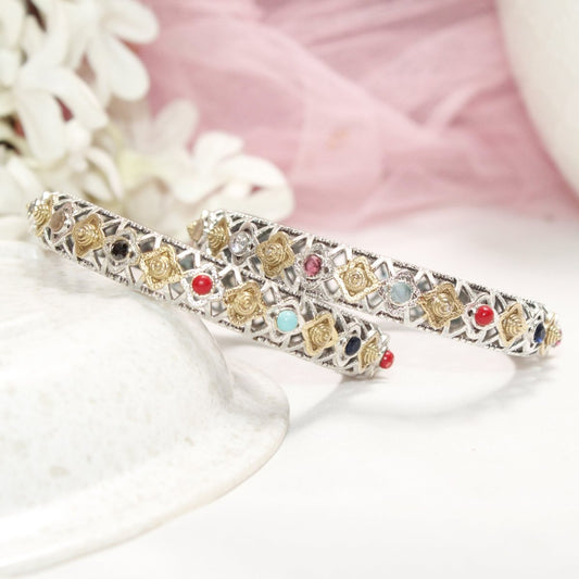 DUAL - TONE TRIKON JAALI RAJPUTANA BANGLE PAIR - SET OF 2 BANGLES - NAVRATNA