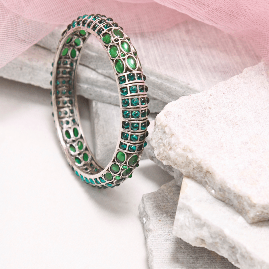 EMARALD NAGINA BANGLES - SILVER FINISH - SET OF 2