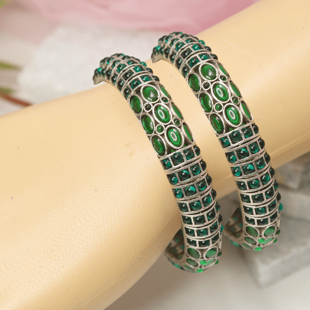EMARALD NAGINA BANGLES - SILVER FINISH - SET OF 2