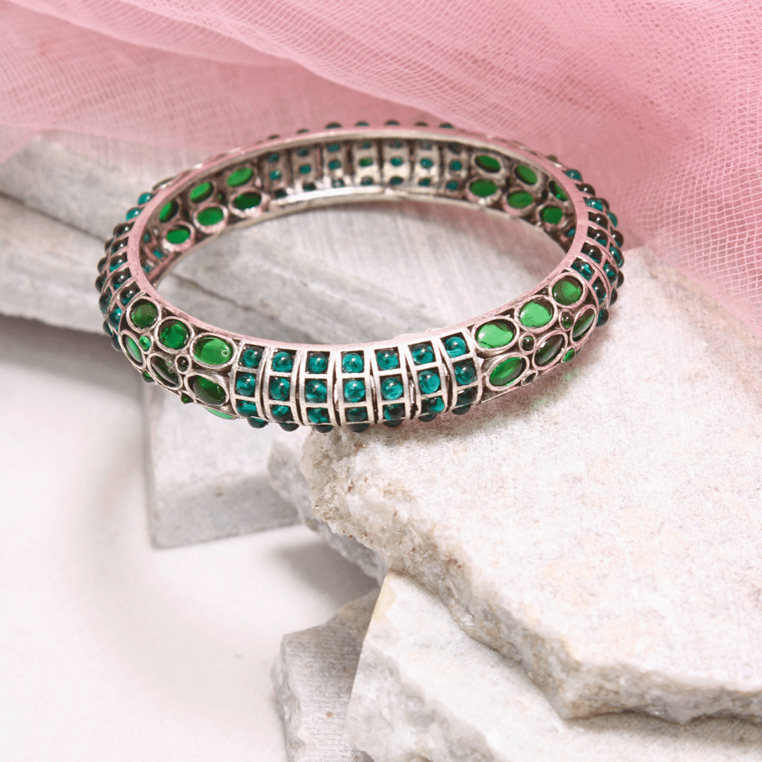 EMARALD NAGINA BANGLES - SILVER FINISH - SET OF 2