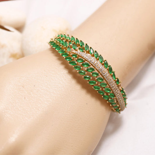 Emerald Green Leaf Design AD Openable Kada – Gold Finish Bracelet