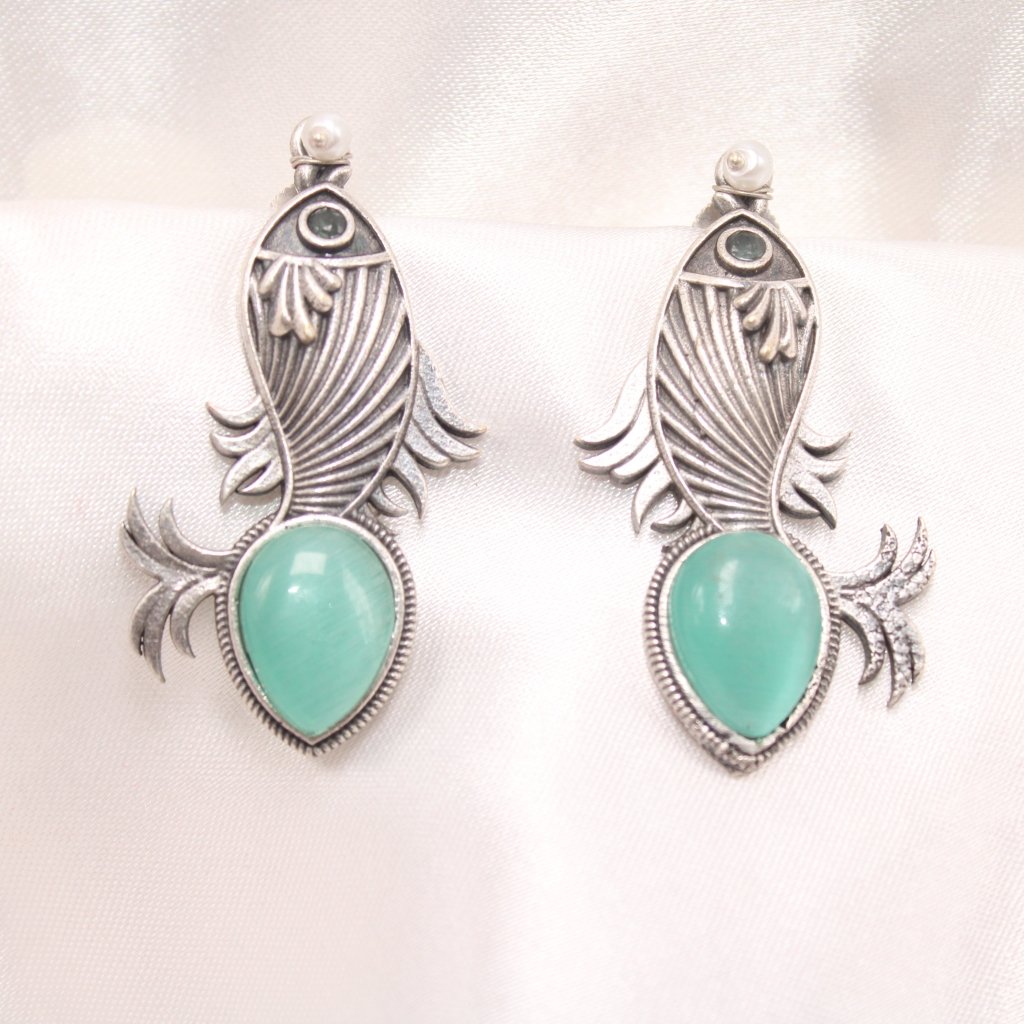 FISH PATTERN WITH DROP SHAPE STONE STUDS - TURQUOISE BLUE