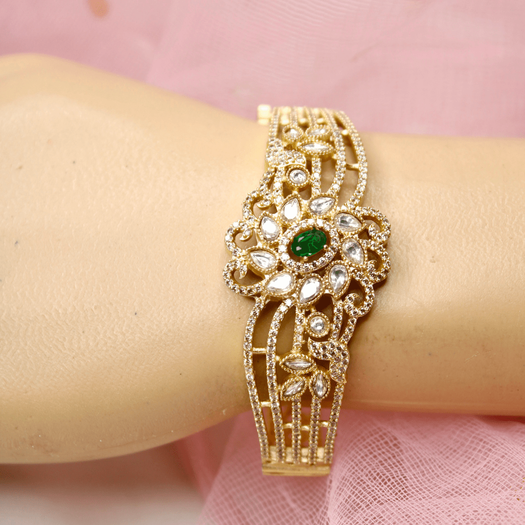 Floral Cluster Kada White Polki & Emerald Green