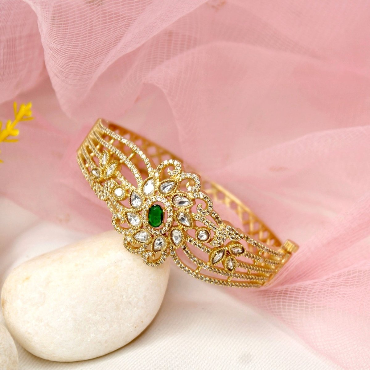 Floral Cluster Kada White Polki & Emerald Green