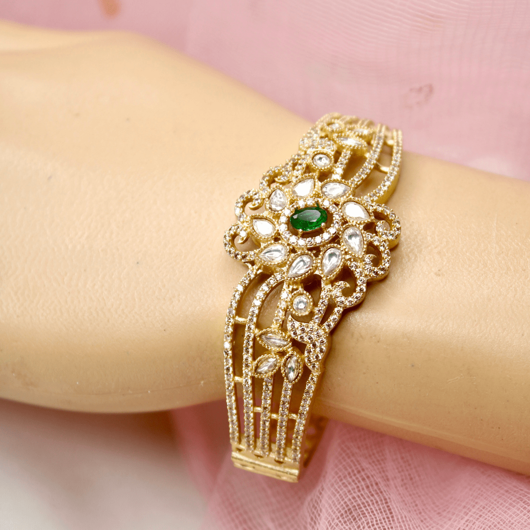 Floral Cluster Kada White Polki & Emerald Green