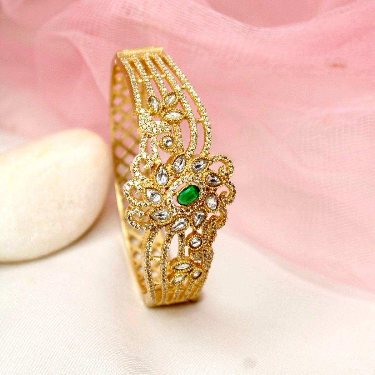 Floral Cluster Kada White Polki & Emerald Green