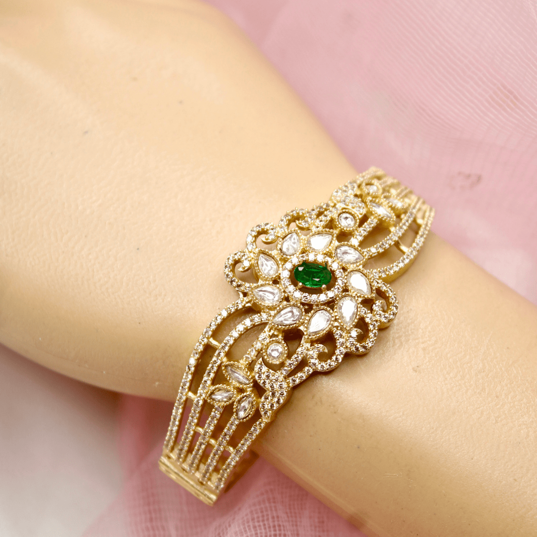 Floral Cluster Kada White Polki & Emerald Green