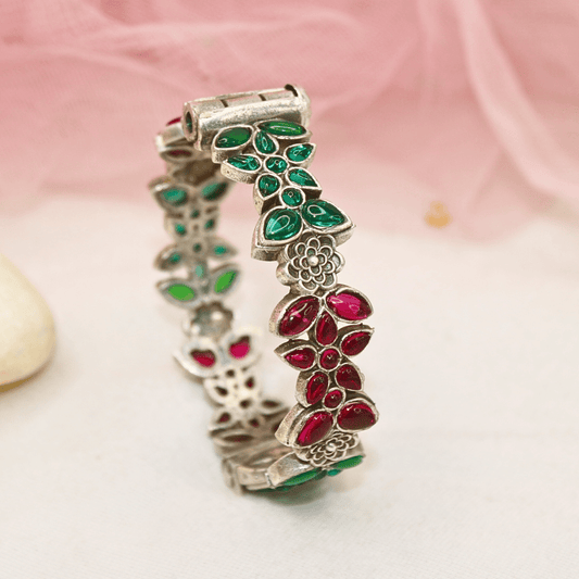 Floral Leaf Design Kada – Red - Green Stones in Tribal Silver Fini
