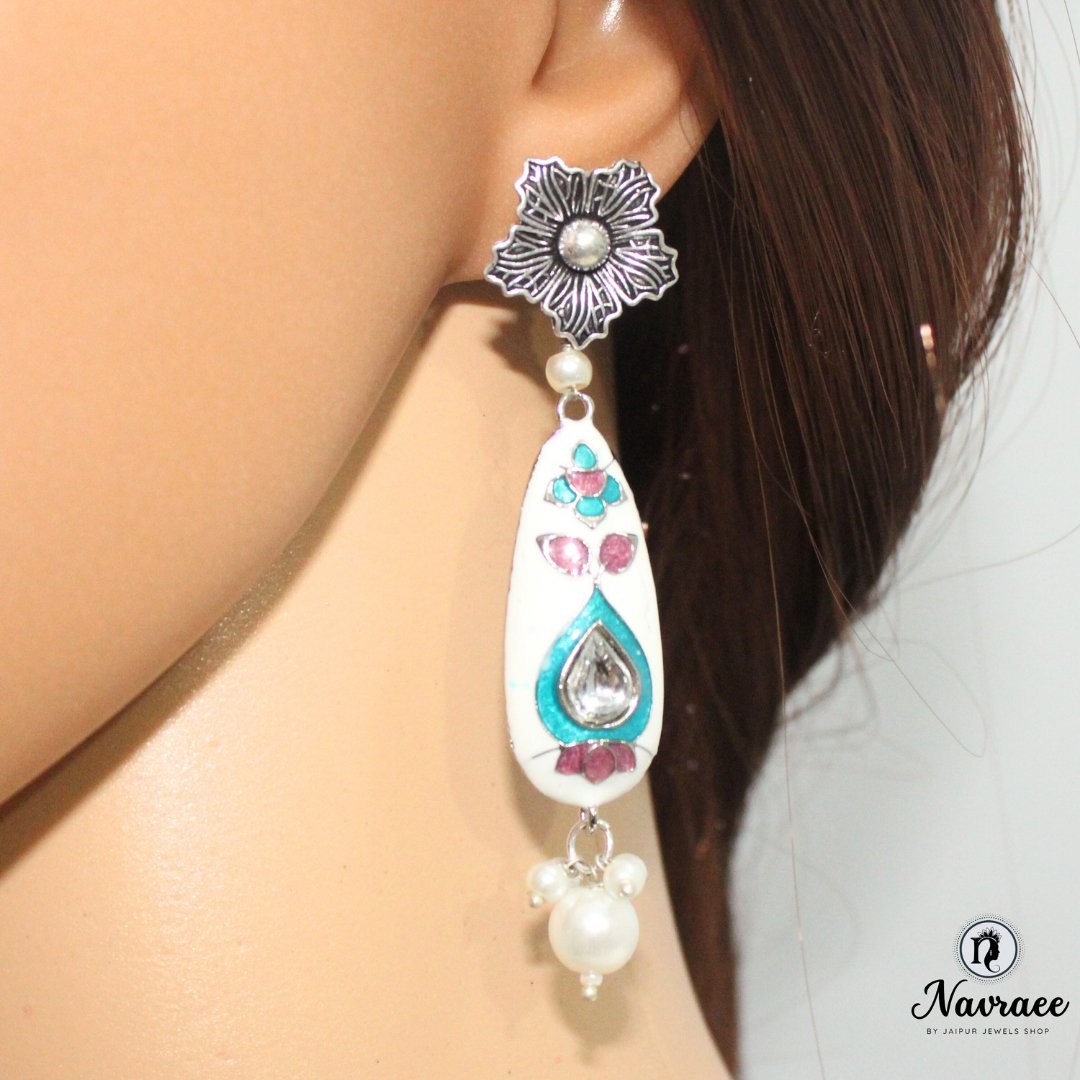 FLOWER & DROP - MEENAKARI JHUMKA - WHITE
