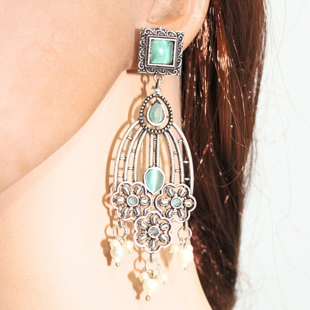 FLOWER TRIPLET DUAL-TONE STONE DANGLER JHUMKA-TURQUOISE