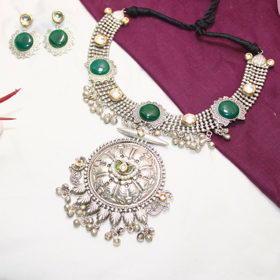 Green Oxidised Silver Hasli Necklace Set with Earrings – Tribal Statement Jewellery