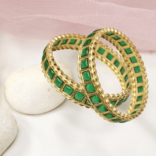 Green Square Stone Bangles Set of 2 – Gold Plated Traditional Bangles