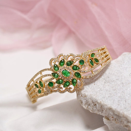 Green Stone Floral AD Openable Kada – Gold Finish Emerald Look Bracelet