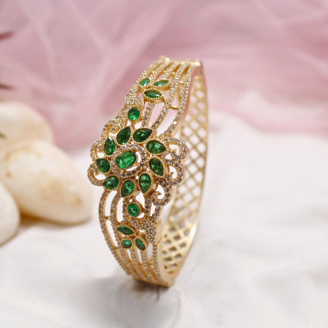 Green Stone Floral AD Openable Kada – Gold Finish Emerald Look Bracelet