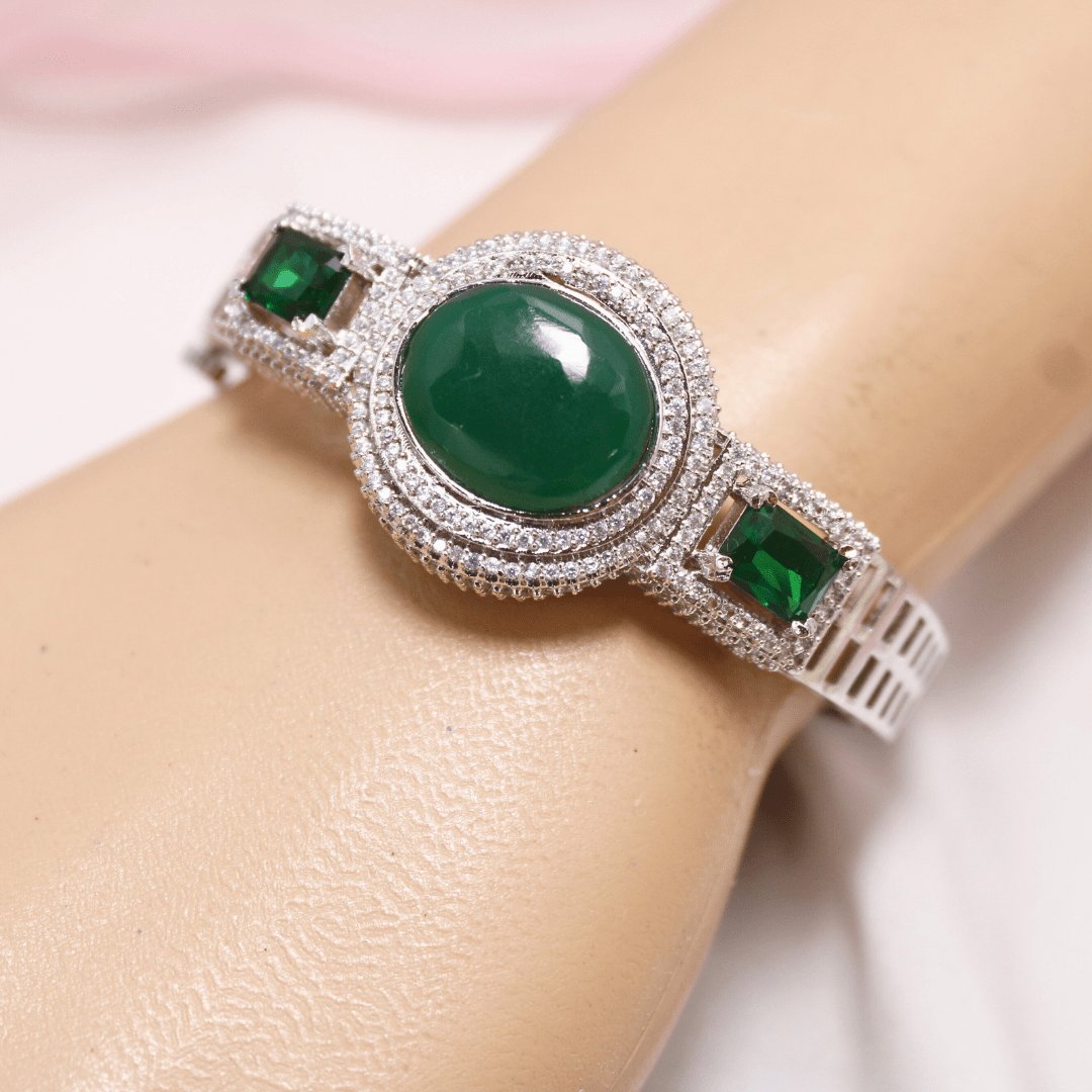 Green Stone Openable Kada – Silver Finish Luxury Bracelet