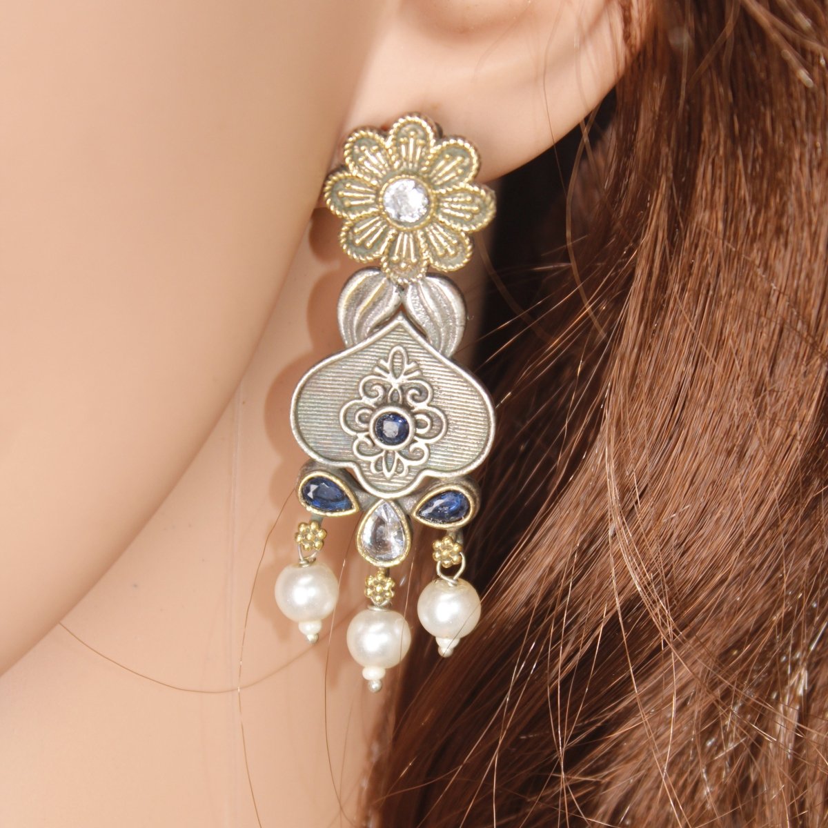 GULDASTA - DUAL - TONE PEARL JAALI ANTIQUE GOLDEN PENDANT SET - BLUE