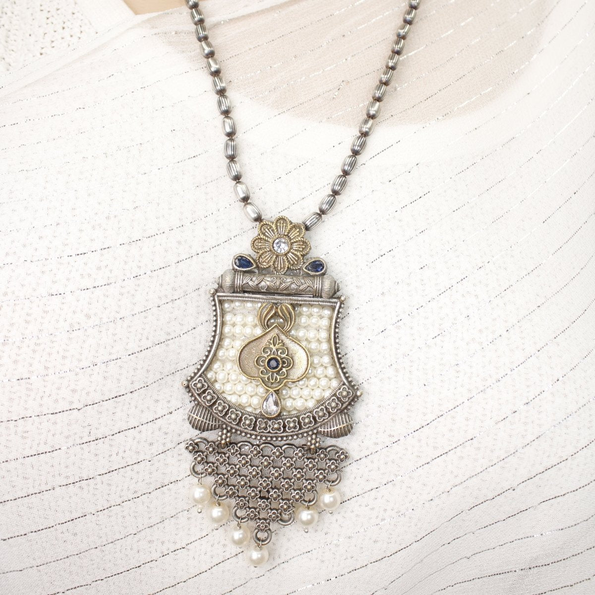 GULDASTA - DUAL - TONE PEARL JAALI ANTIQUE GOLDEN PENDANT SET - BLUE