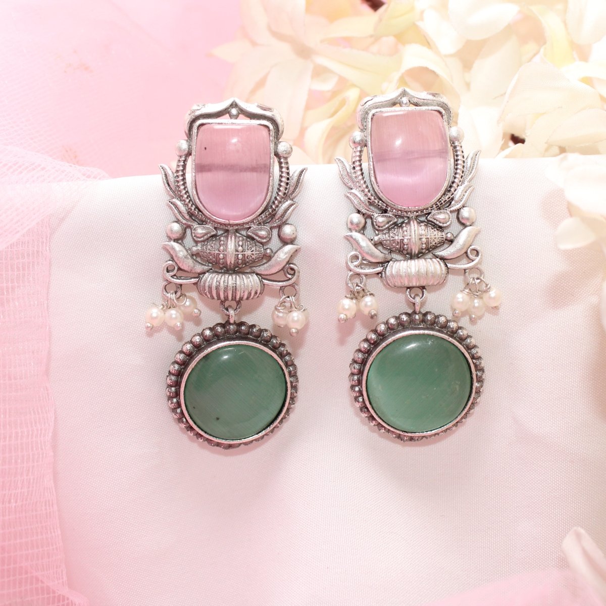 GULDASTA TWO STONE DANGLER EARRING - PINK & GREEN