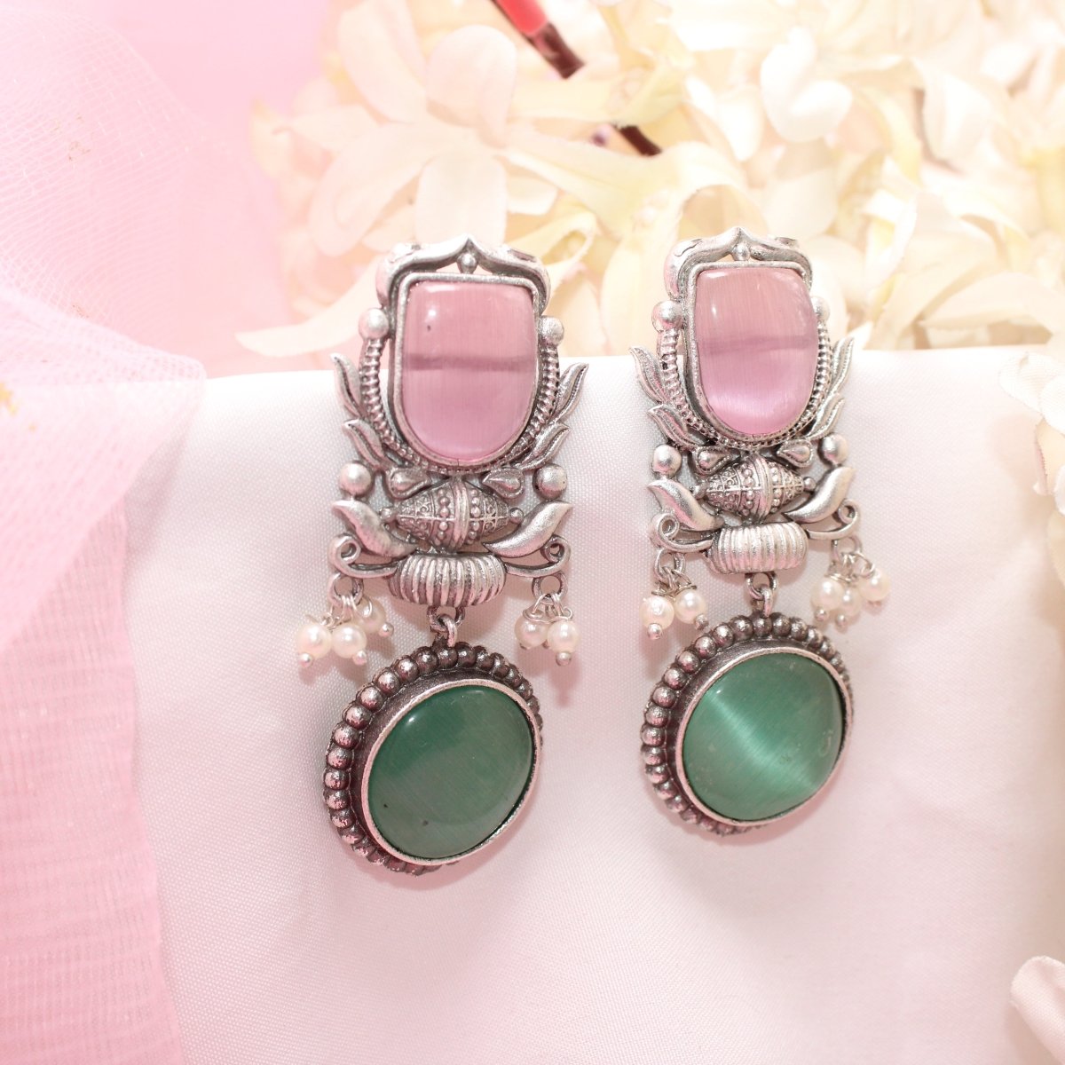 GULDASTA TWO STONE DANGLER EARRING - PINK & GREEN