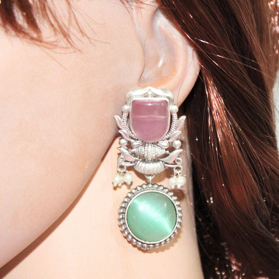 GULDASTA TWO STONE DANGLER EARRING - PINK & GREEN