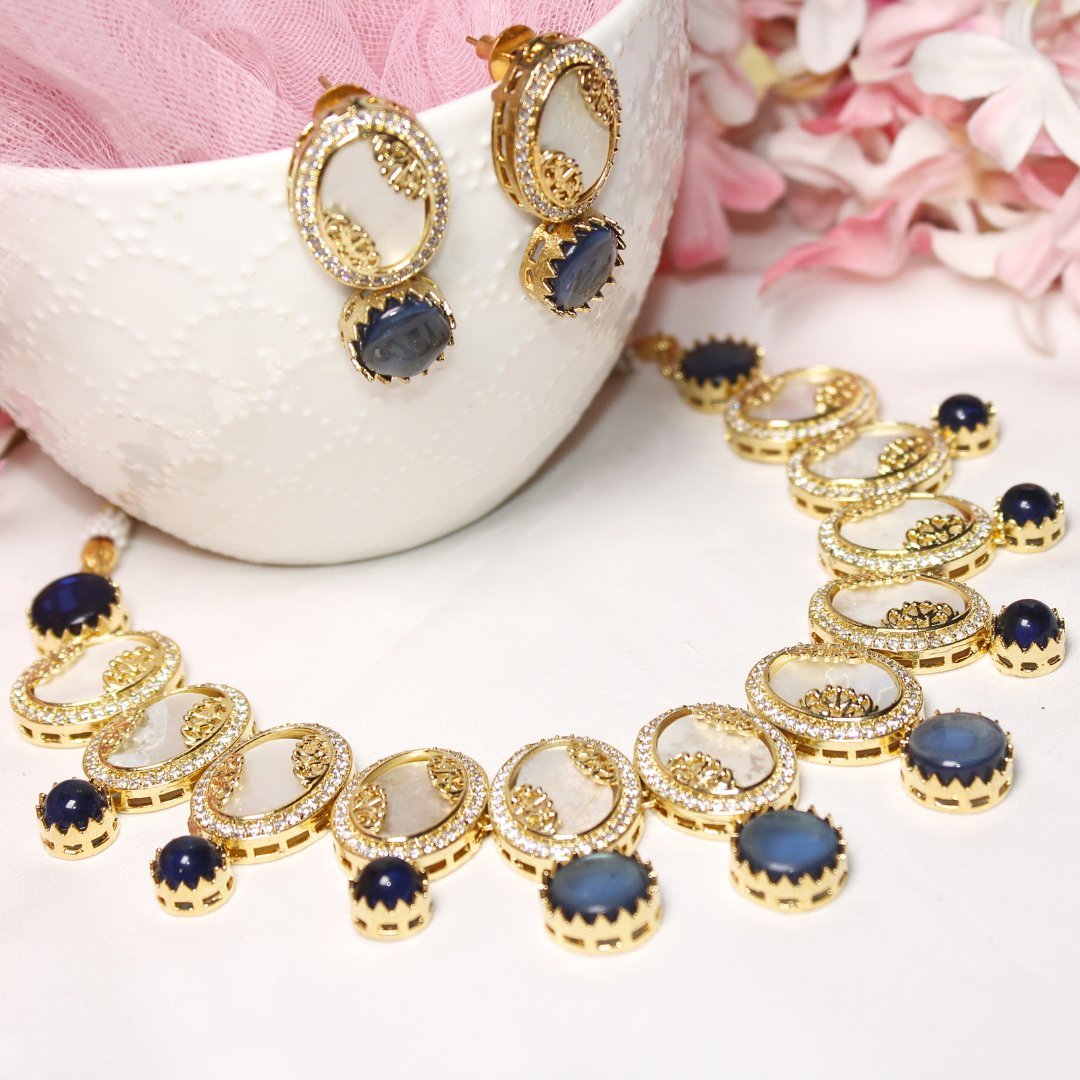 GULMOHAR - MOTHER OF PEARL STONE NECKLACE SET - BLUE