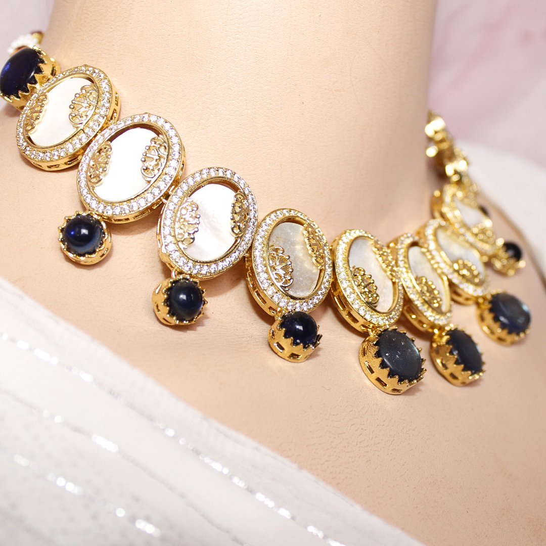 GULMOHAR - MOTHER OF PEARL STONE NECKLACE SET - BLUE