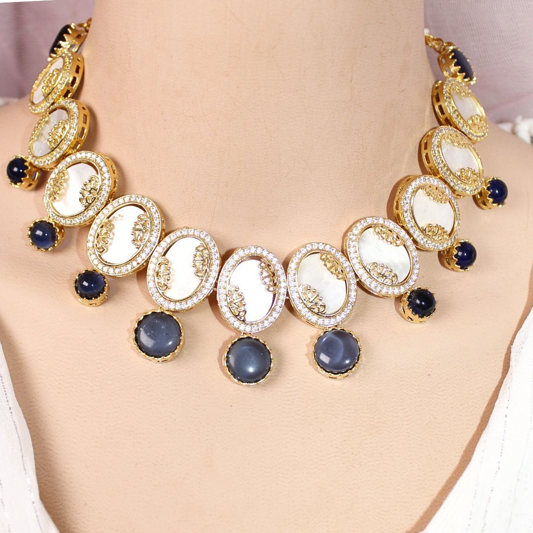 GULMOHAR-MOTHER OF PEARL STONE NECKLACE SET-BLUE