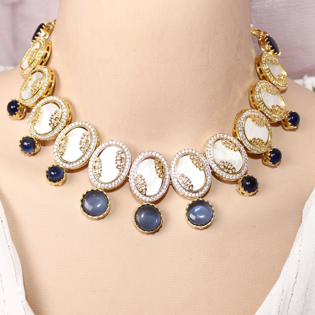 GULMOHAR - MOTHER OF PEARL STONE NECKLACE SET - BLUE