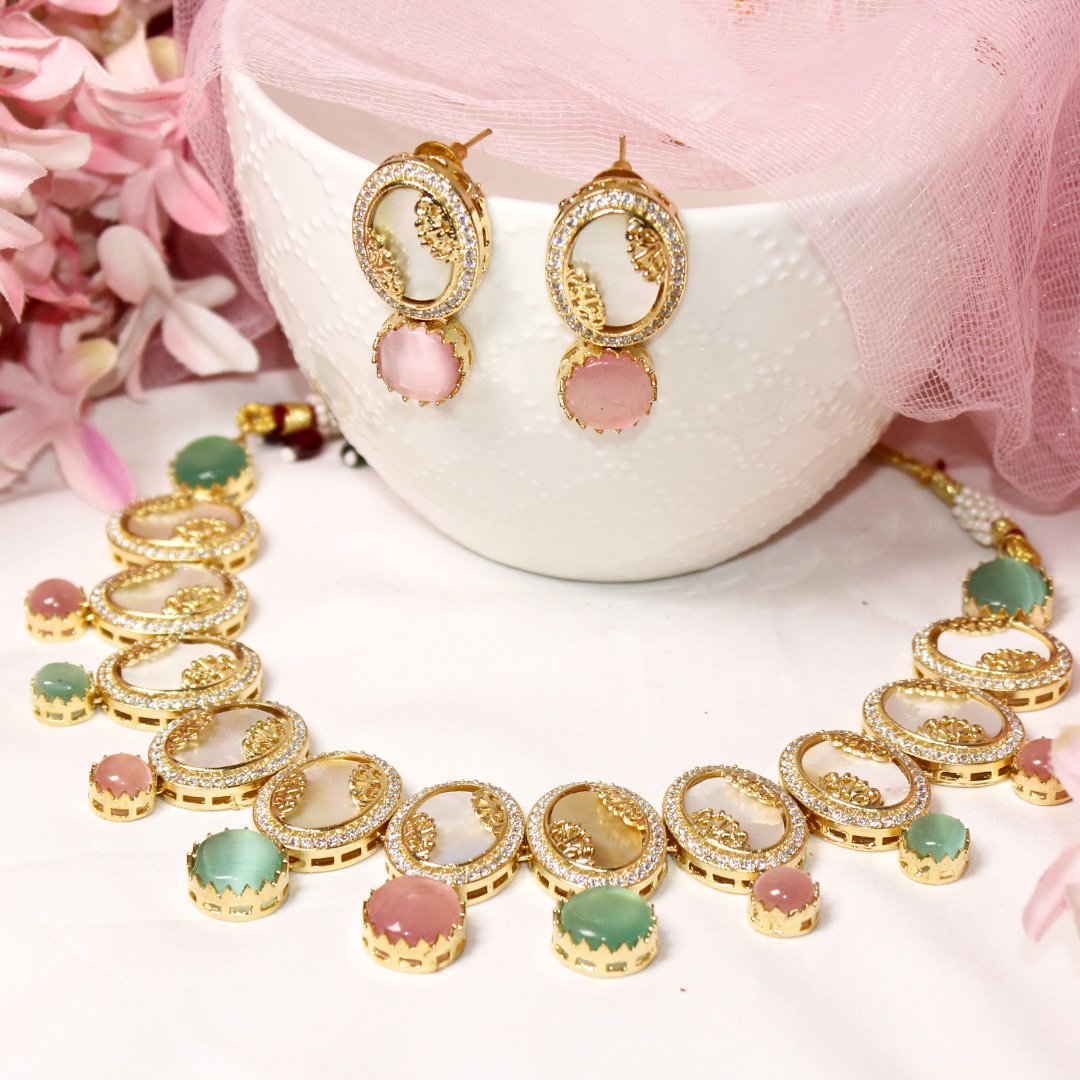 GULMOHAR - MOTHER OF PEARL STONE NECKLACE SET - MAUVE & MINT