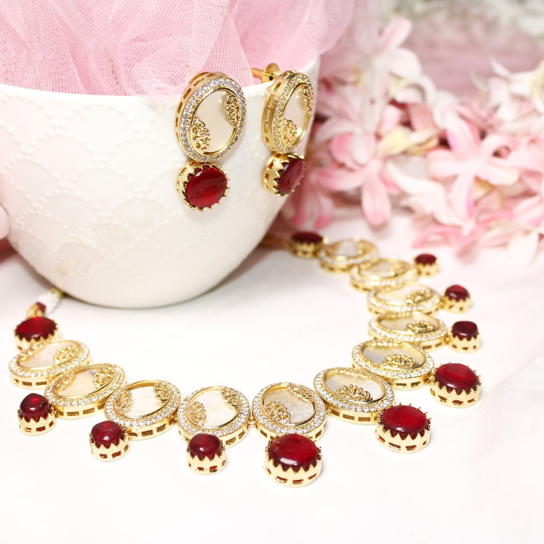 GULMOHAR - MOTHER OF PEARL STONE NECKLACE SET - RED