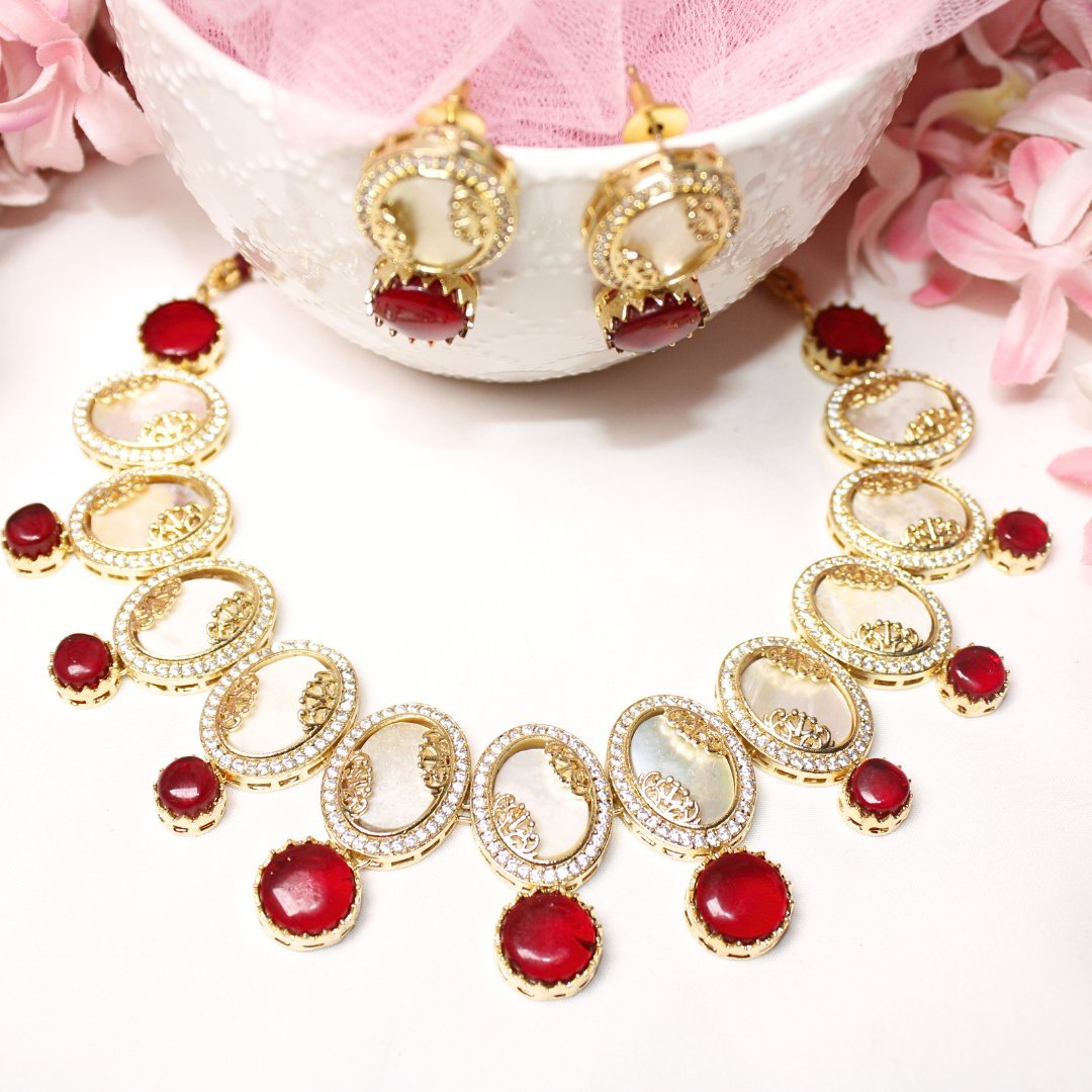 GULMOHAR - MOTHER OF PEARL STONE NECKLACE SET - RED