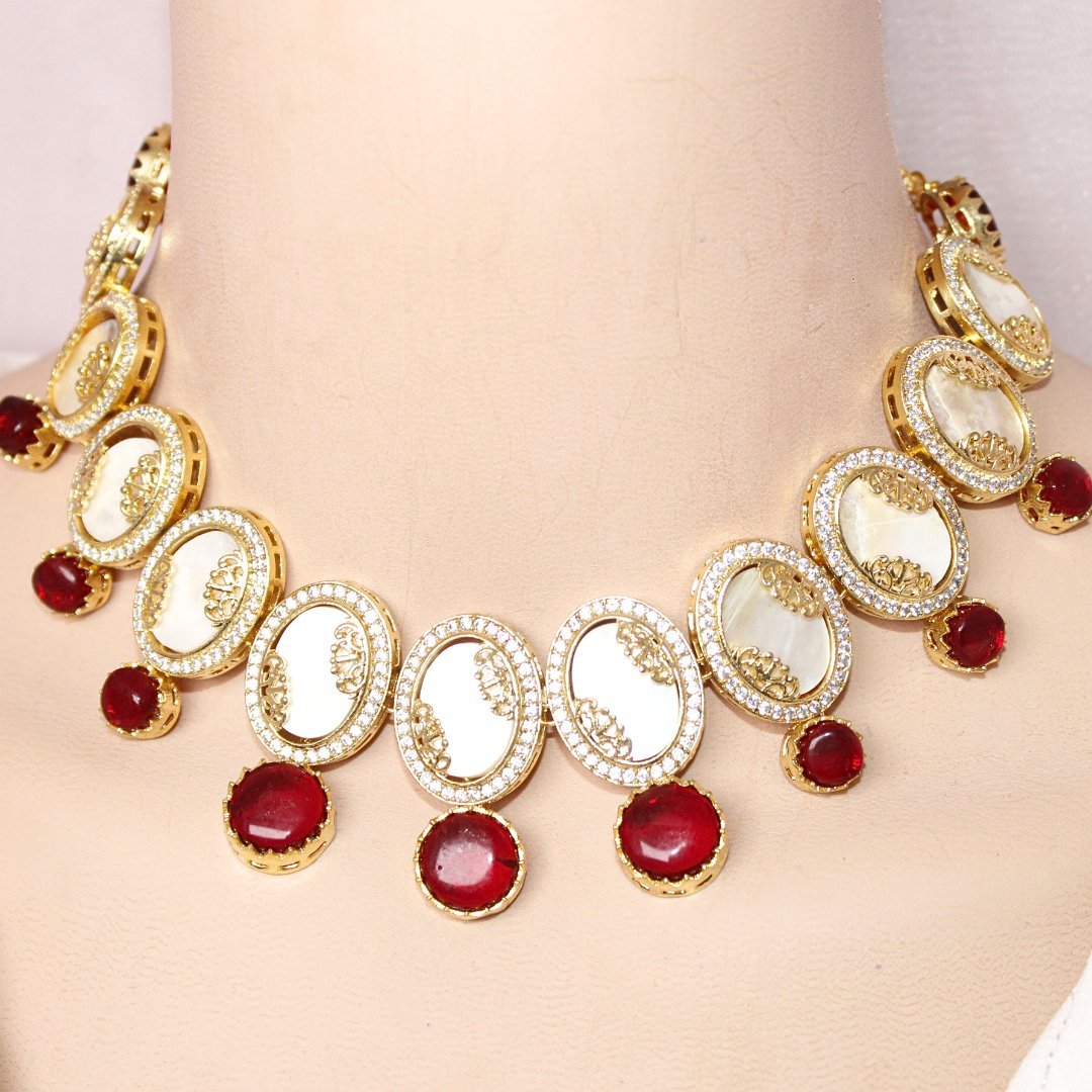 GULMOHAR - MOTHER OF PEARL STONE NECKLACE SET - RED